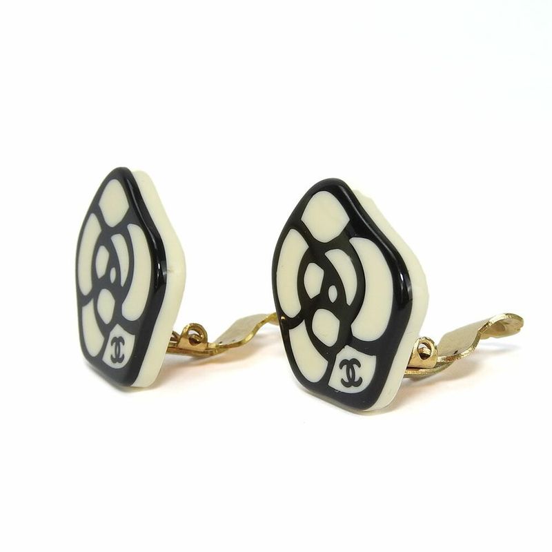 Chanel Earring Camellia Coco Mark White Black Gold Plated GP 03P Accessory