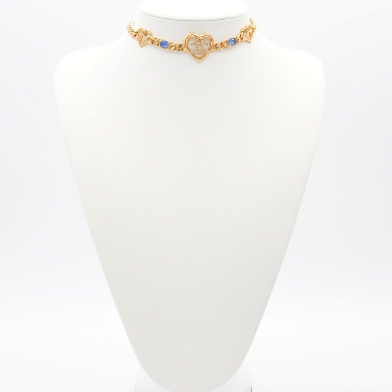 Chanel Necklace Pendant Choker Gold Blue Coco Mark Heart Rhinestone Chain
