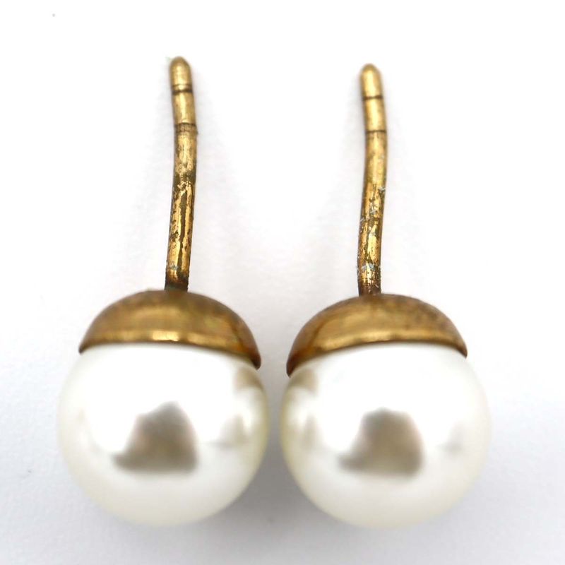 Christian DIOR Earrings Tribal Pearl CD Logo Antique Gold Color 11.7g Accessorie