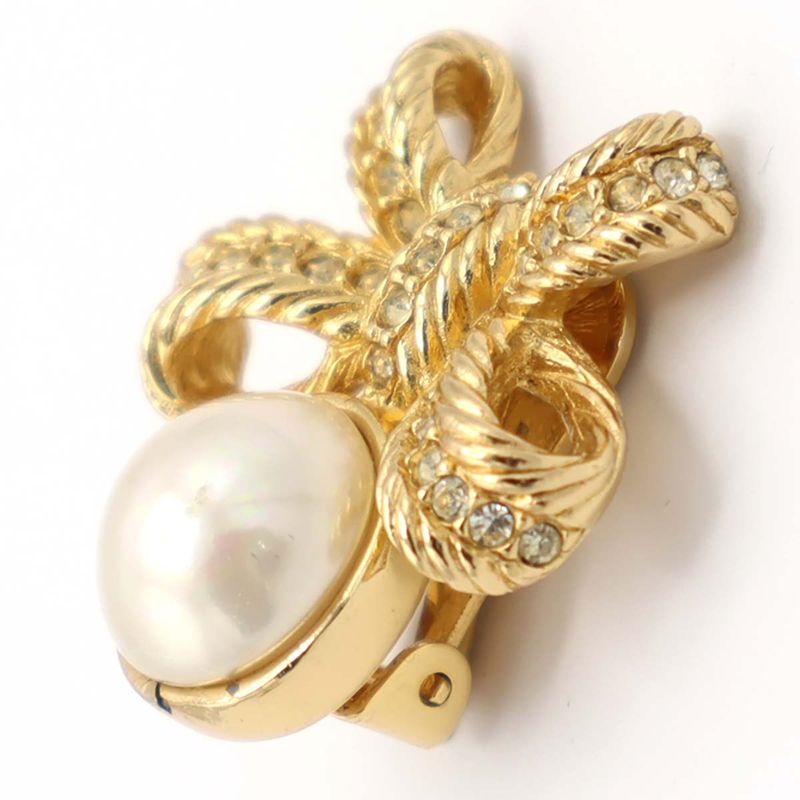 Christian DIOR Earrings Ribbon Faux Pearl Gold Color Accessories Women H1745