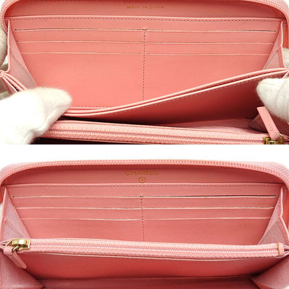 Chanel Round Zip Long Wallet Boy Chanel Coco Mark Pink Authenticity With Box