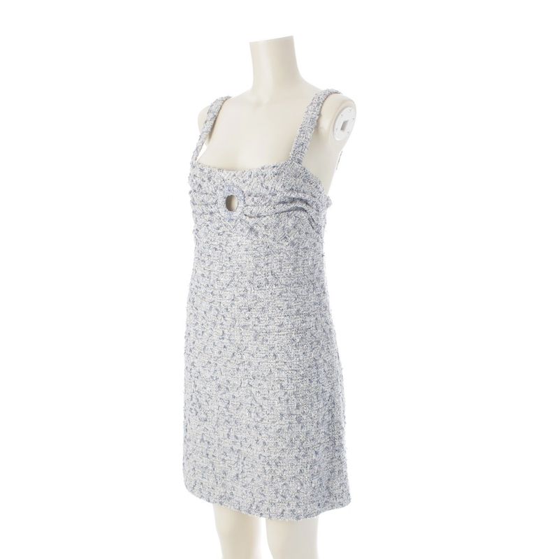 Chanel Circle Cut Out Rhinestone Tweed Mini Sleeveless Dress P60222 Blue 40