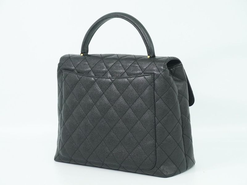 Authentic Chanel Coco Mark Matelasse Turnlock Handbag Caviar Skin Leather Black