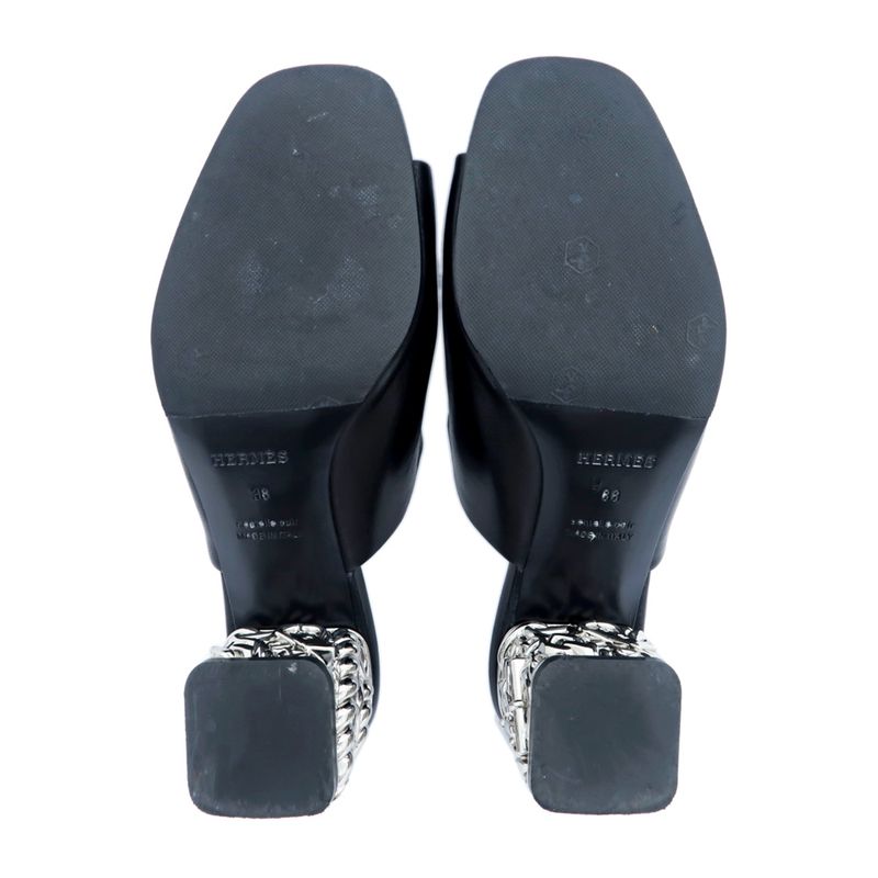 Hermes Sandals Glossy - 60 BK Black Silver - Size 38 Chaine D'ancre