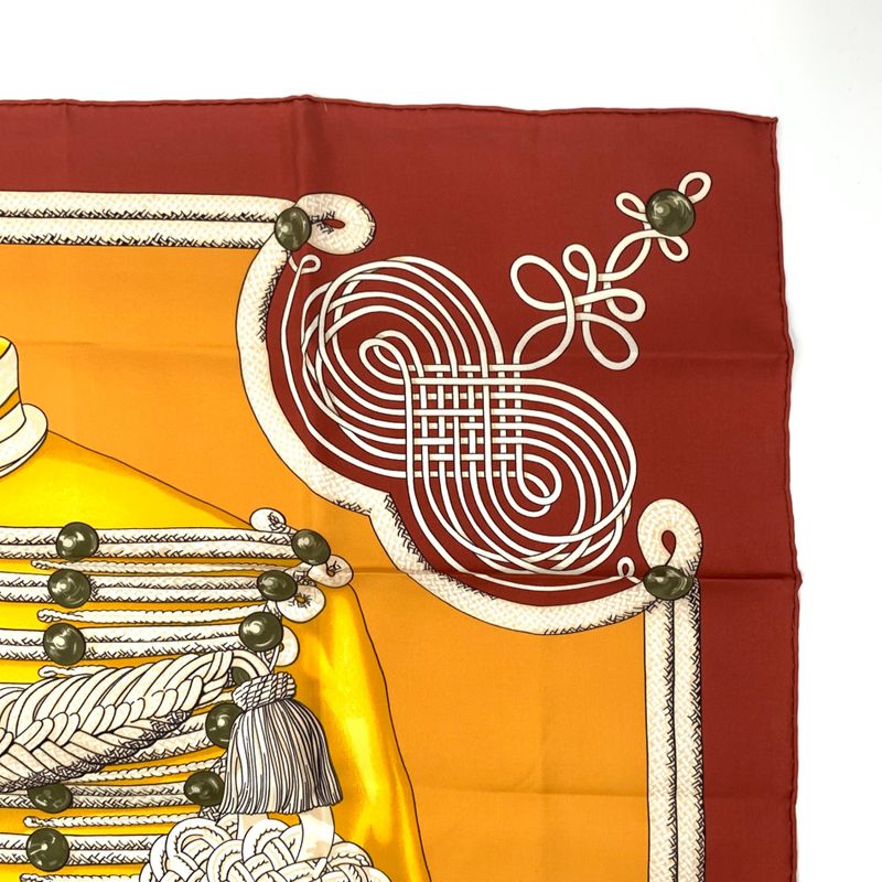 Grade Hermes Carre 90 Brandebourgs Brandenburg Decor Red And Yellow Scarf Silk