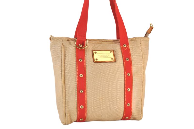 Louis Vuitton Antigua Cabas MM Tote Bag Beige Red M40035 LV 1728n