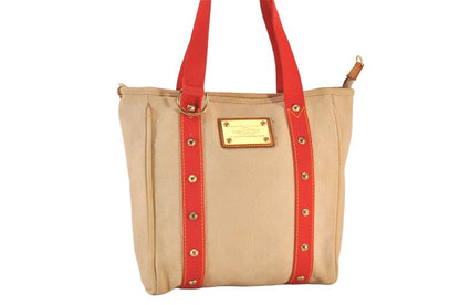 Louis Vuitton Antigua Cabas MM Tote Bag Beige Red M40035 LV 1728n