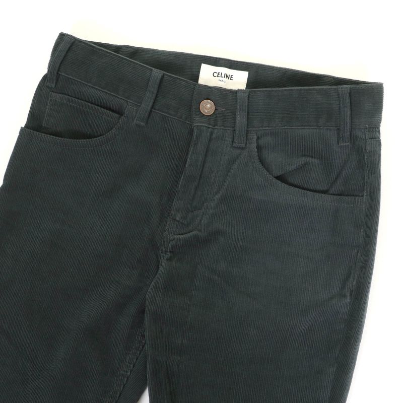 Celine 100% Cotton Corduroy Flared Pants Bottoms Dark Green 24 Made In Italy