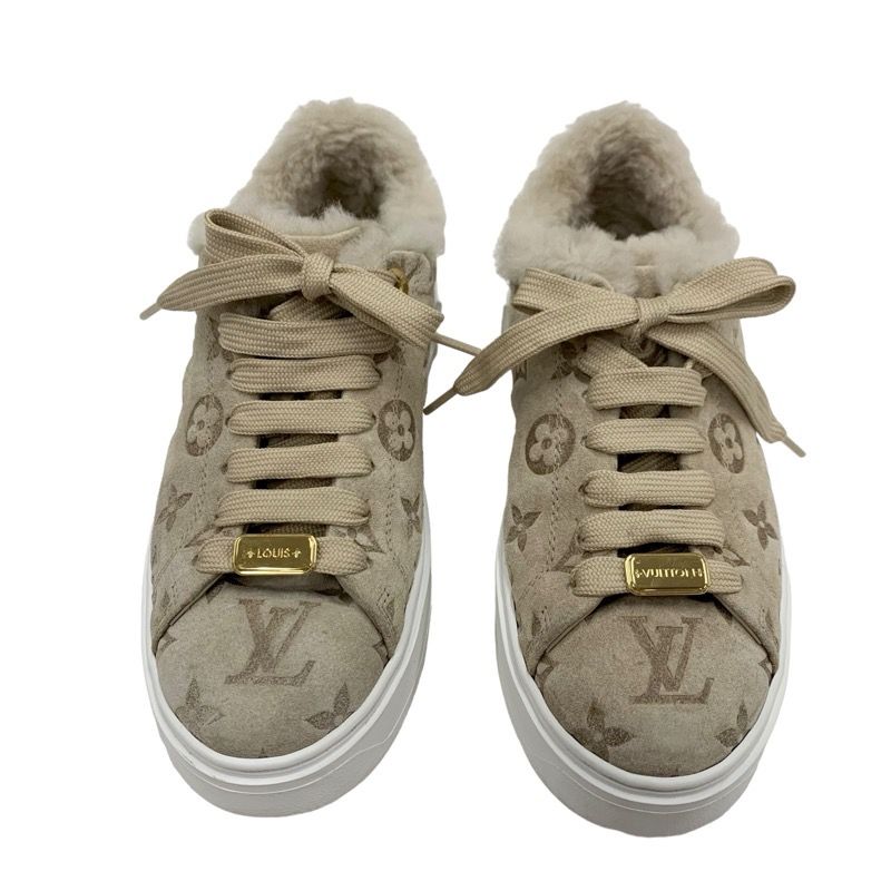 Louis Vuitton Time Out Line Monogram Sneakers Shoes Suede Leather Mouton Beige