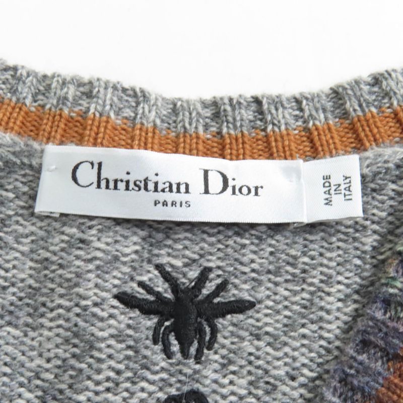 Christian DIOR 100% Cashmere Bee Embroidery Argyle Pattern V-neck Long Sleeves