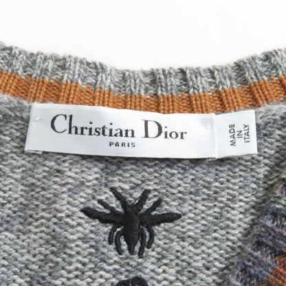 Christian DIOR 100% Cashmere Bee Embroidery Argyle Pattern V-neck Long Sleeves