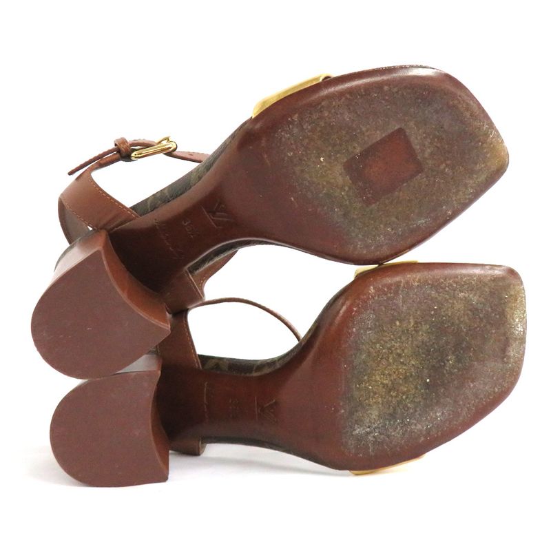 Louis Vuitton Monogram Ankle Strap Heel Sandals Brown Gold 36 1 2