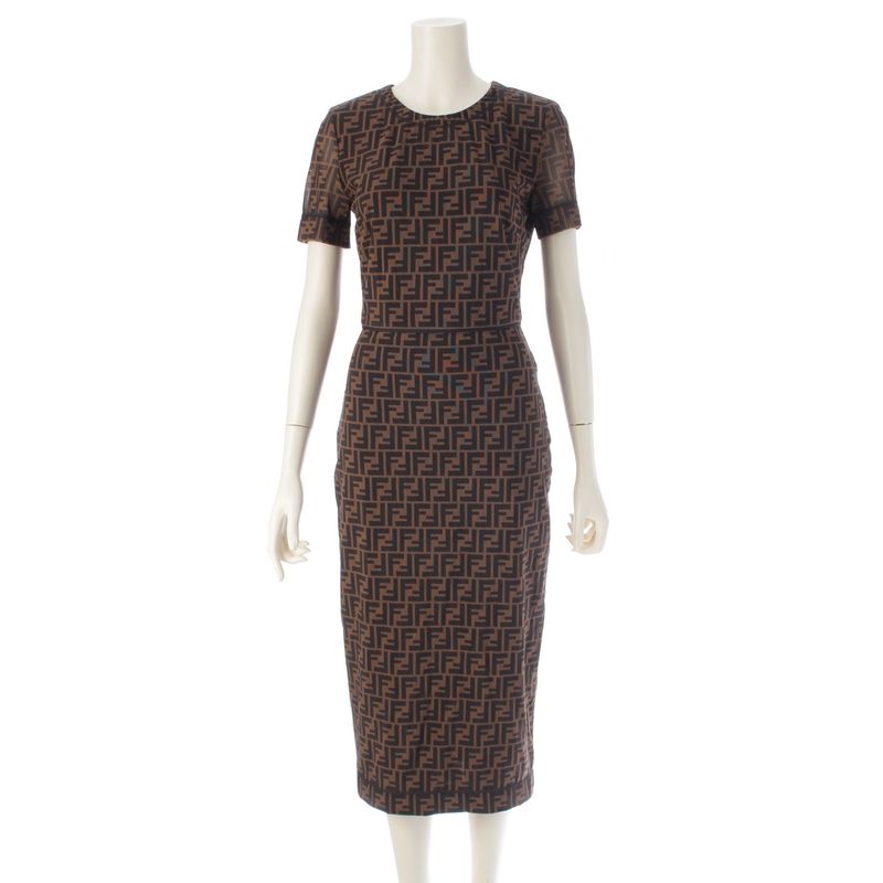 Fendi 19 Nylon Zucca Pattern Short Sleeve Crew Neck Long Dress Brown 38