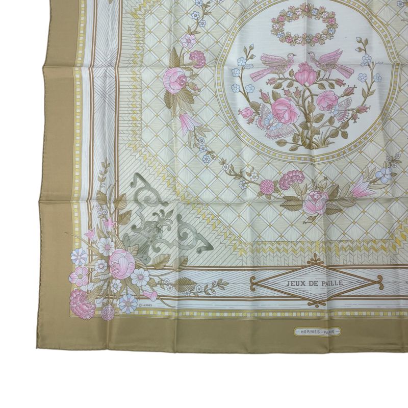 Hermes Large Scarf Silk Carre 90 JEUX DE Paille Straw Play Beige