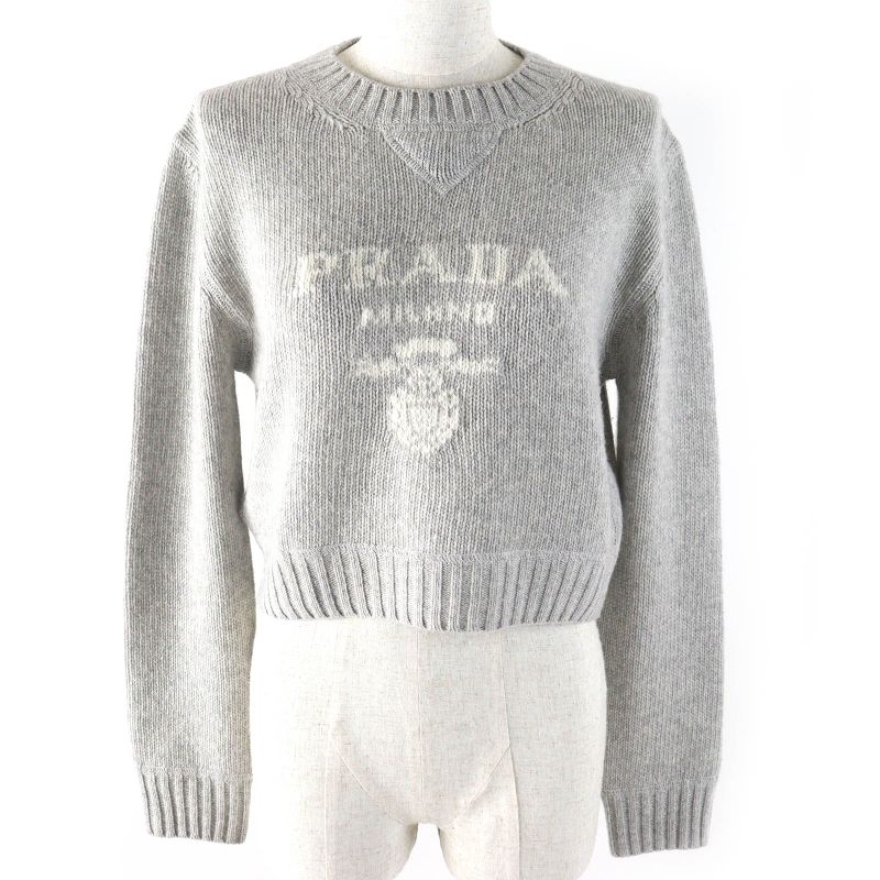 Prada 2024 P24u1t Virgin Wool Cashmere Logo Box Silhouette Crewneck Cropped