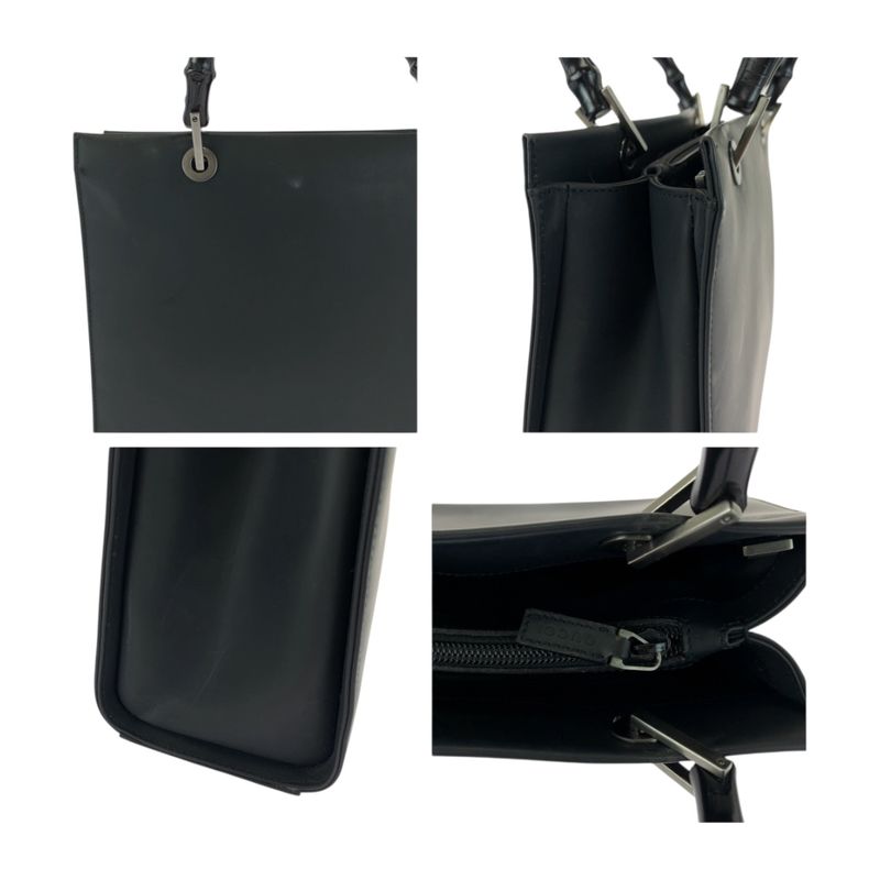 Gucci Bamboo Black Silver Hardware Leather 002 1010 Tote Bag Handbag Women