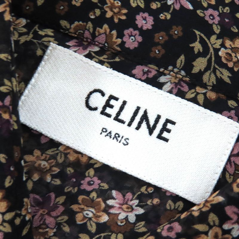 Celine 100% Silk Flower Print Floral Pattern Frilled Collar Logo Button Chiffon
