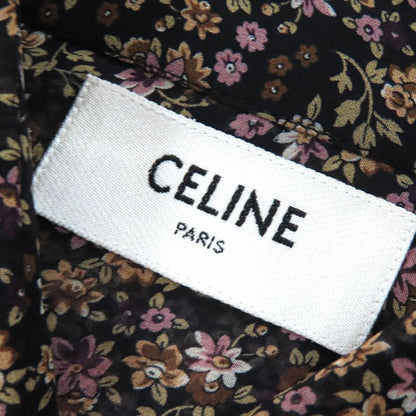 Celine 100% Silk Flower Print Floral Pattern Frilled Collar Logo Button Chiffon