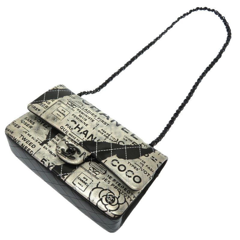 Chanel Matelasse 25 Double Flap 21 Leather Silver Black Chain Shoulder Bag Coco