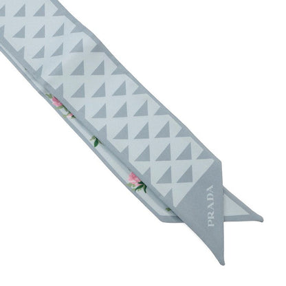 Prada Scarf Printed Silk Twill Nice Calf Flower Light Blue