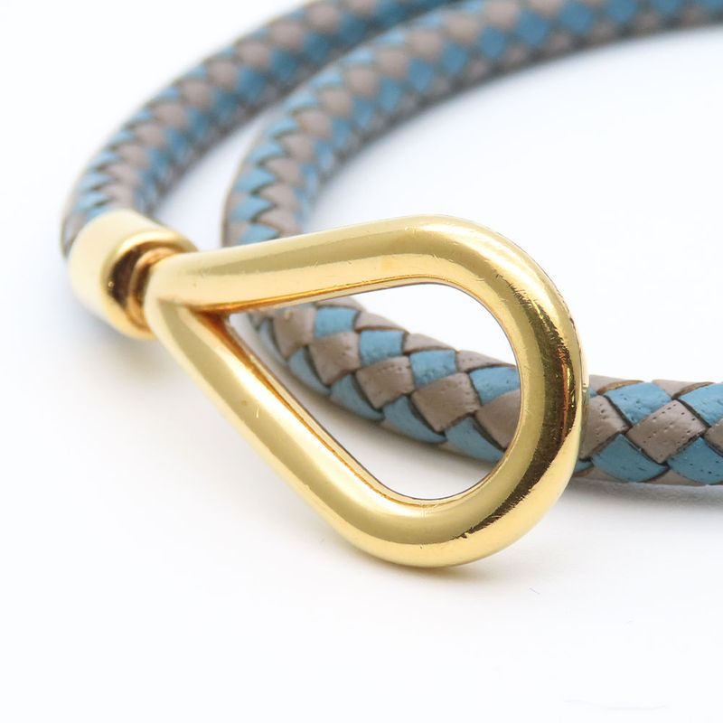 Hermes Bracelet Jumbo Breath Metal Leather Blue Gray Gold Hardware 2 Strands