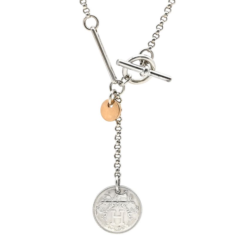 Hermes Necklace Exlibris Pendant PM 18k Pink Gold Silver 925 Silver and Pink