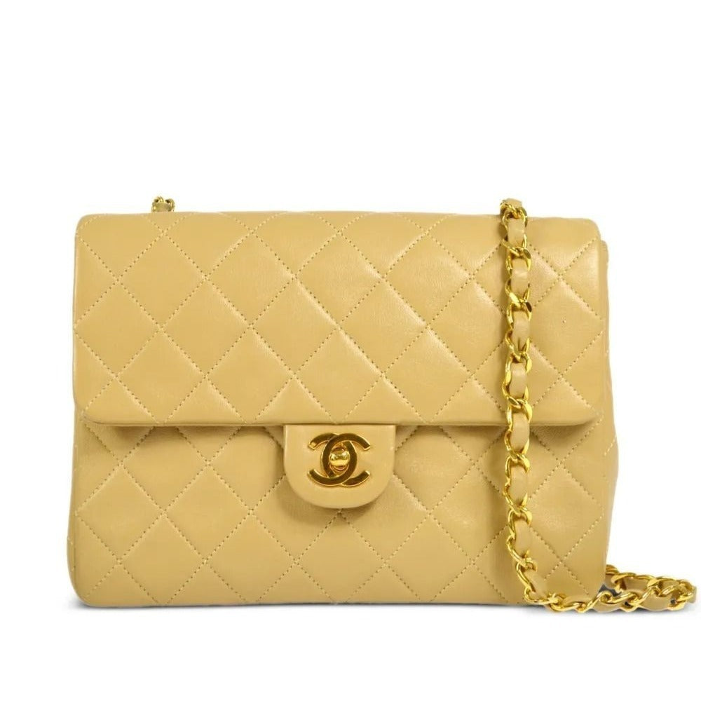 CHANEL Vintage Beige Lambskin Envelope Quilted Single Flap Bag Chain