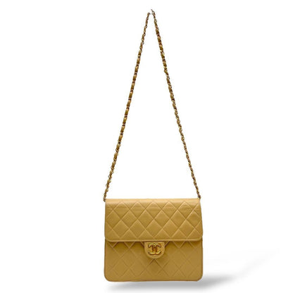 CHANEL Vintage Beige Lambskin Envelope Quilted Single Flap Bag Chain