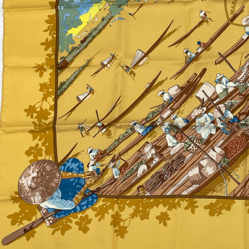 Hermes Scarf Carre 90 Orange Beige Lake Floating Market 100% Silk Marche