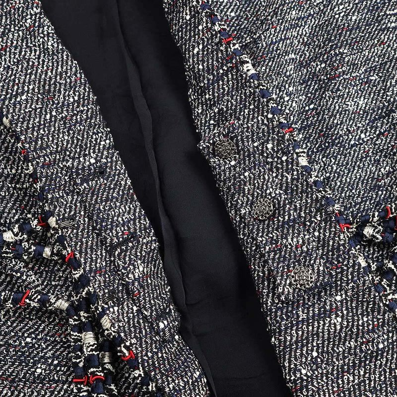 Chanel No Collar Tweed Cord Jacket P37633v27256 Navy 42
