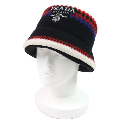 Prada 2022 1hc248 Wool Cashmere Logo Padded Knitted Bucket Hat Black White Red