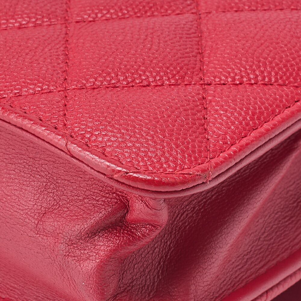 Chanel Shoulder Bag Chain Wallet Matelasse Caviar Skin CC Filigree Red Gold