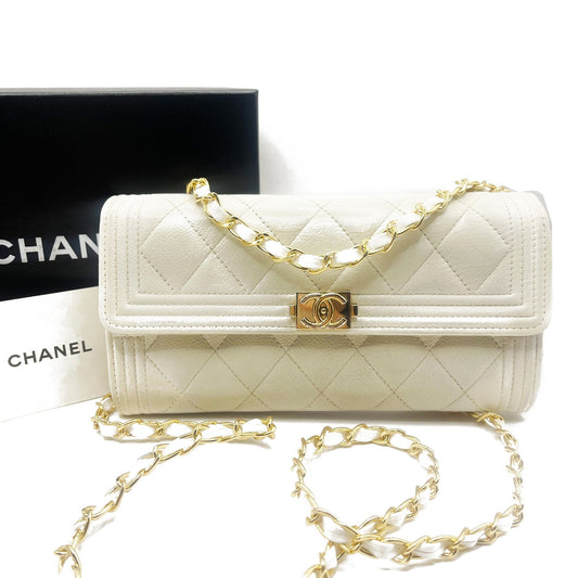 CHANEL Boy CC Flap Lambskin Wallet Chain Shoulder Crossbody Ivory Gold