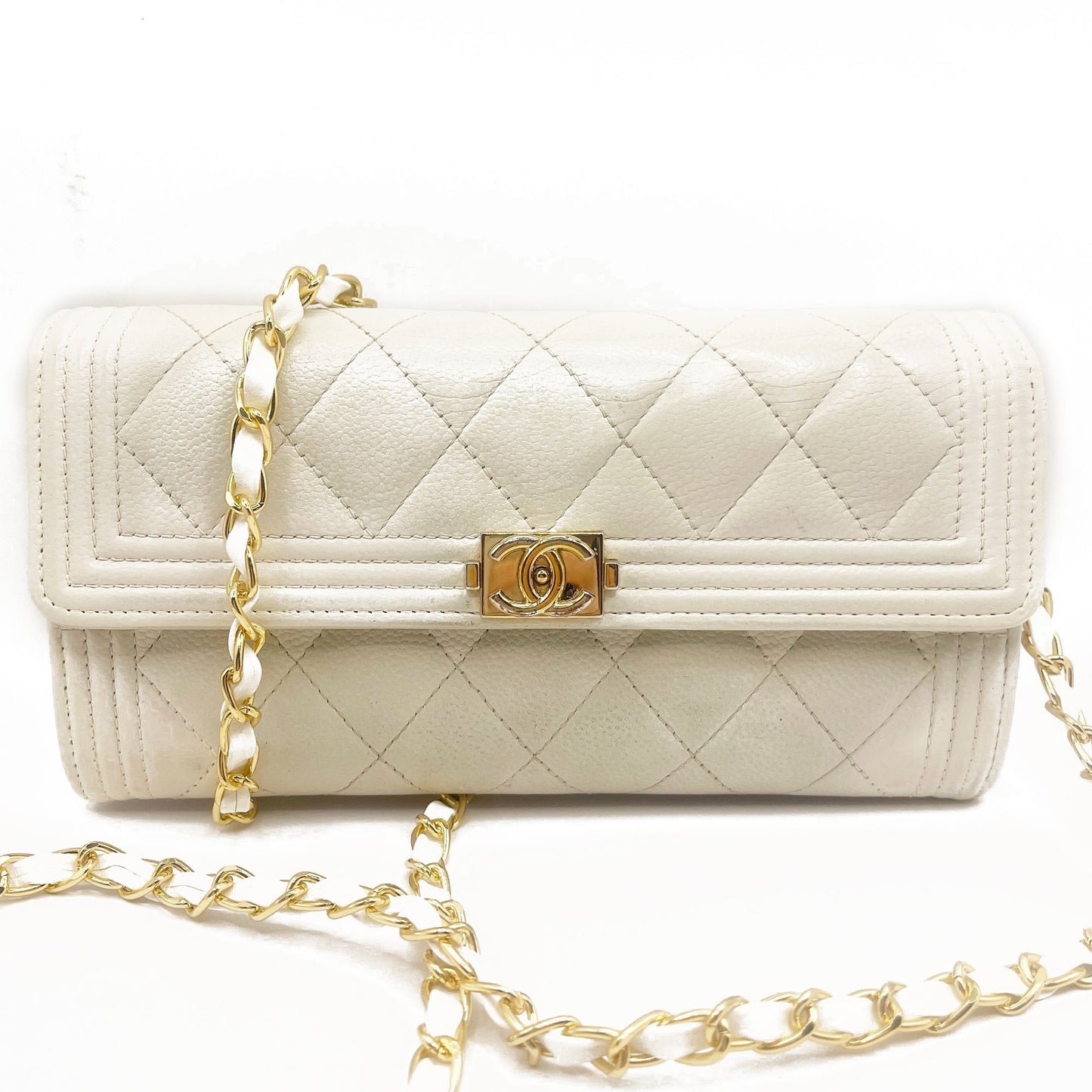 CHANEL Boy CC Flap Lambskin Wallet Chain Shoulder Crossbody Ivory Gold