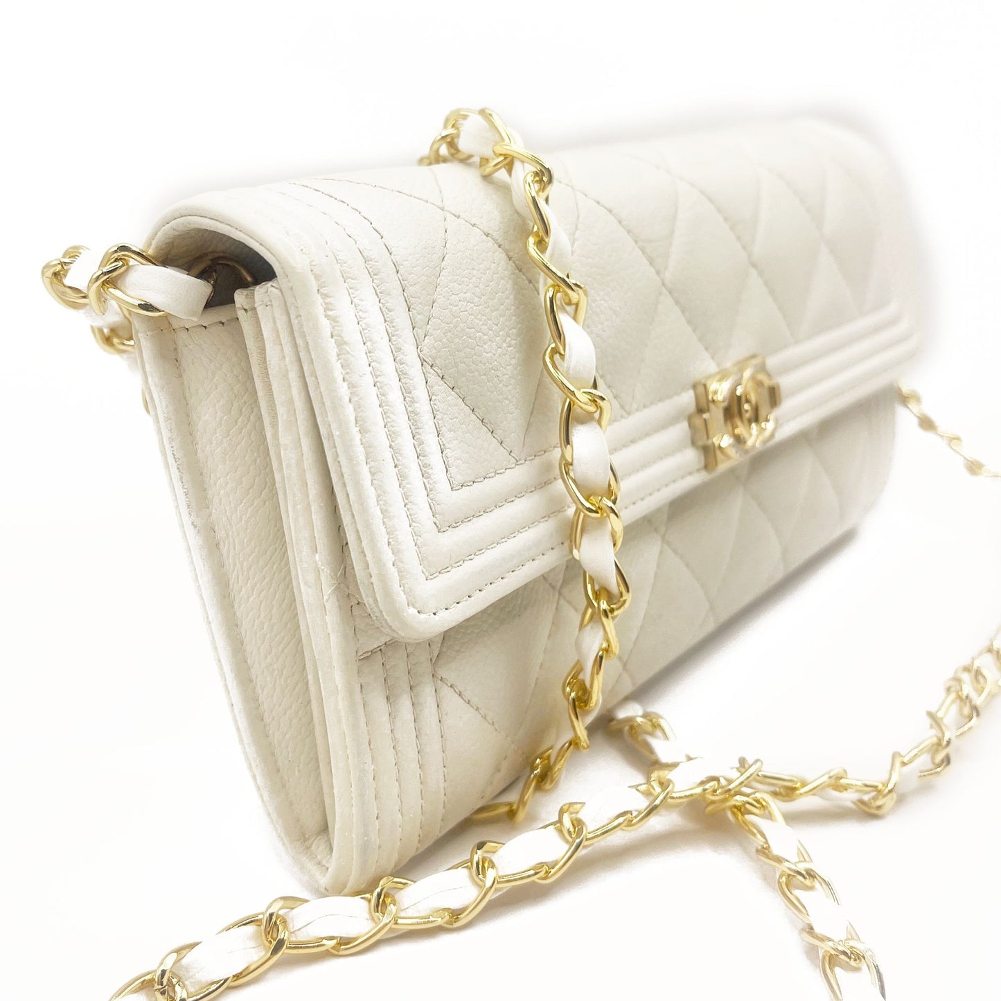 CHANEL Boy CC Flap Lambskin Wallet Chain Shoulder Crossbody Ivory Gold