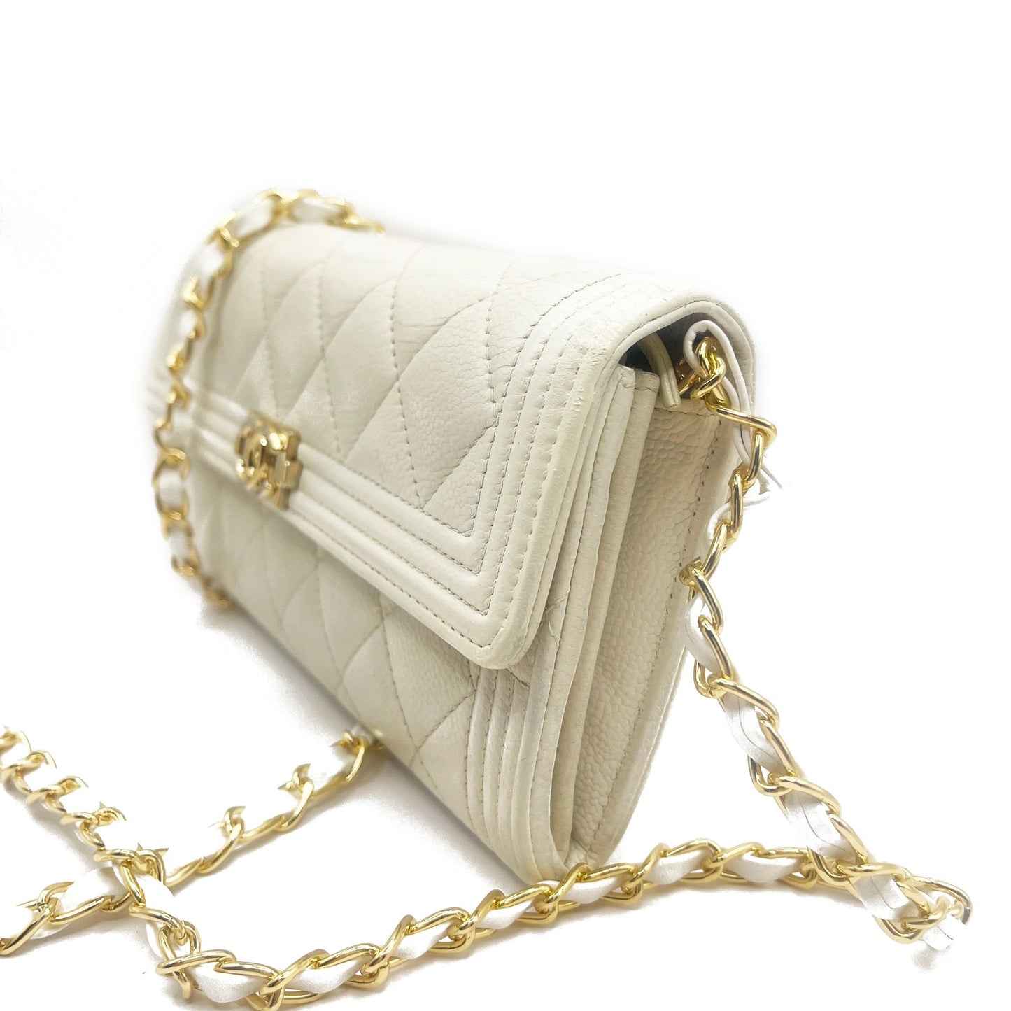 CHANEL Boy CC Flap Lambskin Wallet Chain Shoulder Crossbody Ivory Gold
