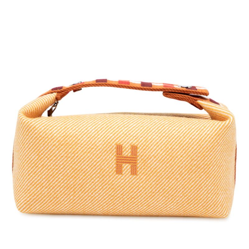 Hermes Brid A Black Au Carre PM Handbag Pouch Fauve Silver Hardware Cotton