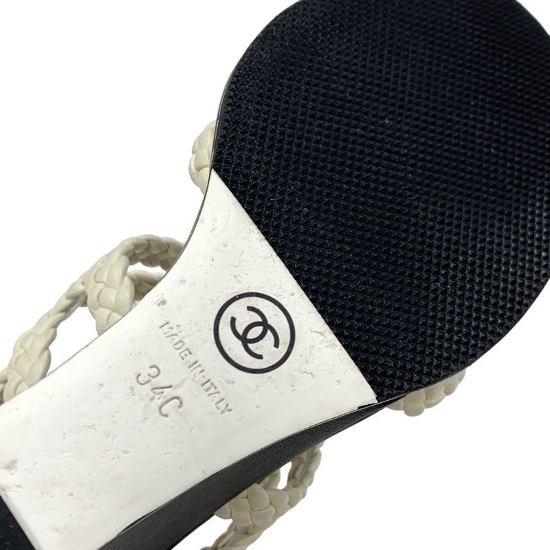 Chanel Sandals Shoes Lambskin White Black Coco Mark Braided Wedge Sole