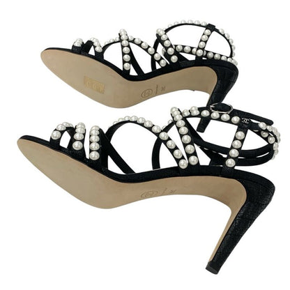 Chanel Sandals Shoes Leather Black White Coco Mark Pearl Matelasse Strap