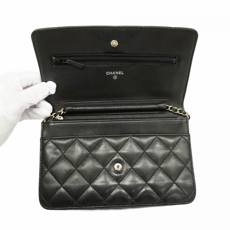 Chanel Shoulder Wallet Matelasse Lambskin Black Silver Hardware Women