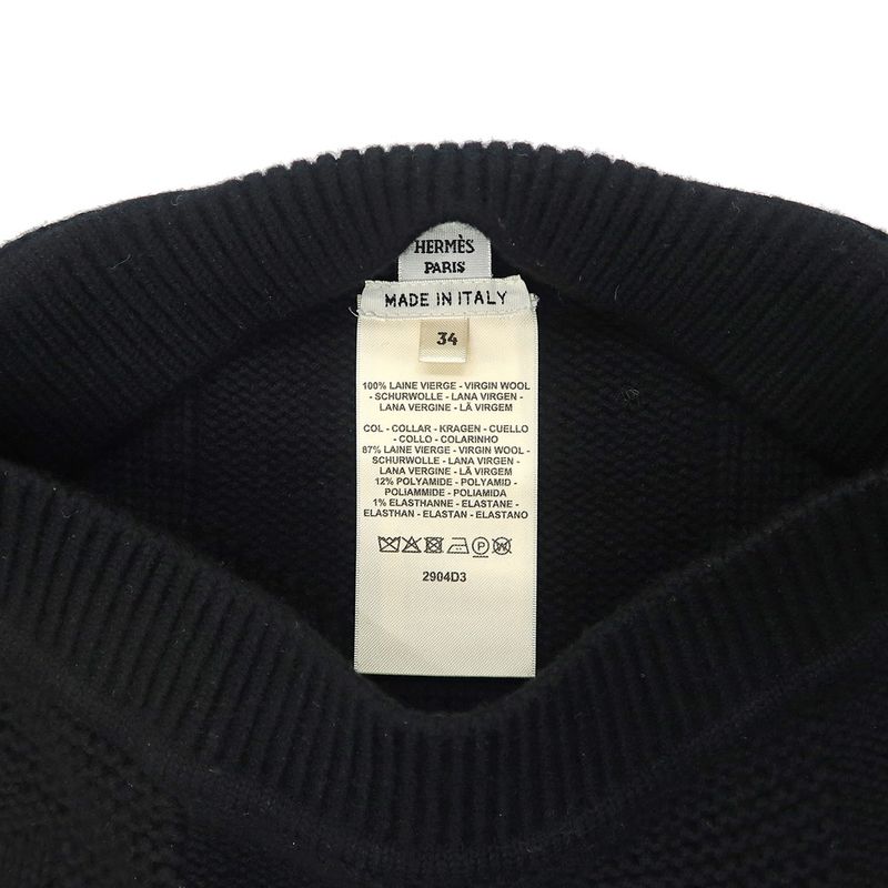 Hermes Poncho Cape H Motif 34 Black 100% Wool Knit 2904d3 Women's