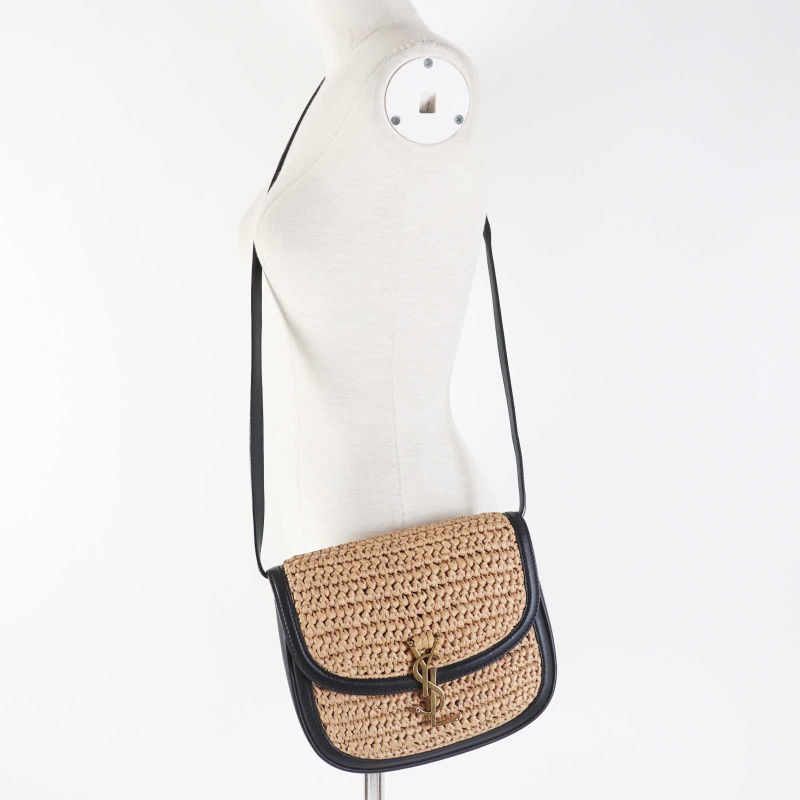 Saint Laurent Paris 634818 Kaia Raffia Leather Shoulder Bag Natural Black Gold