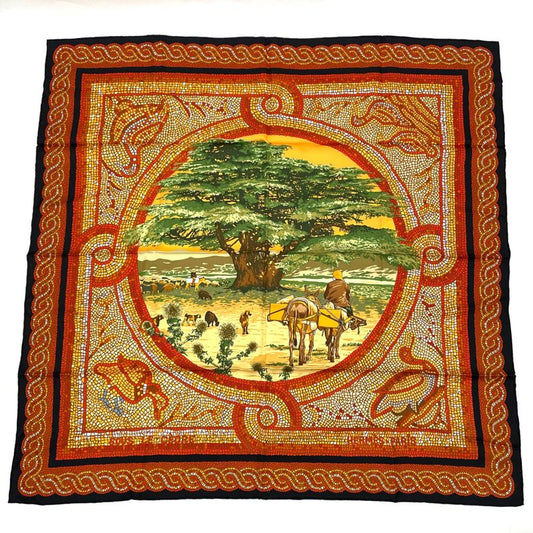 Hermes Carre 90 SOUS LE Cedre Silk Scarf Under Himalayan Cedars Black