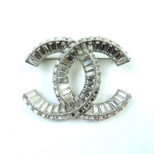 CHANEL A23V A63085 Rhinestone Coco Mark Brooch Accessory Silver With Box And