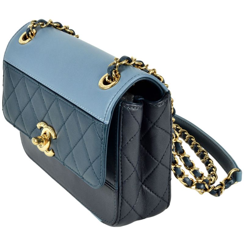 Chanel Matelasse Flap Chain Shoulder Bag Lambskin Blue Gold Hardware