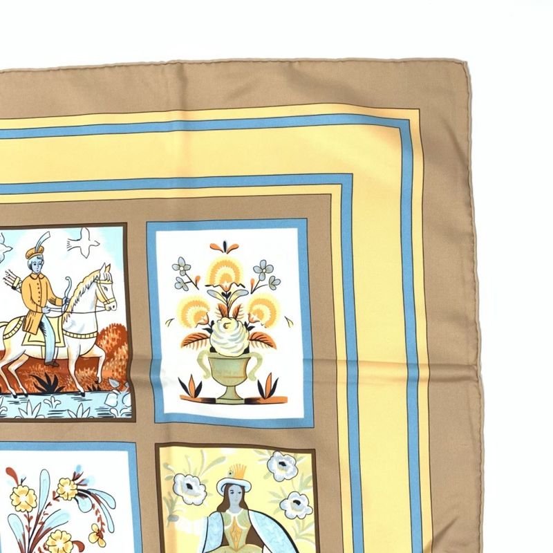 Hermes Carre 90 Imagerie Popular Prints Beige Scarf Silk