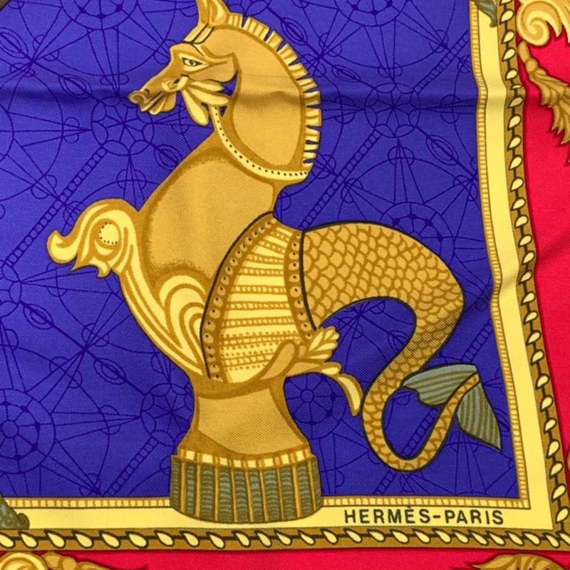 Hermes Scarf Carre 90 Silk Les Bissone De Venise Venice Boat Festival Red And