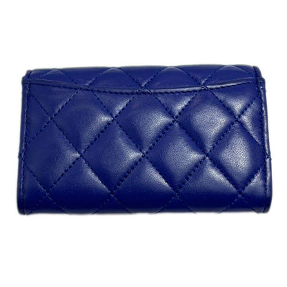 Chanel Card Case Business Holder Quilted CC Logo Lambskin Blue Silver