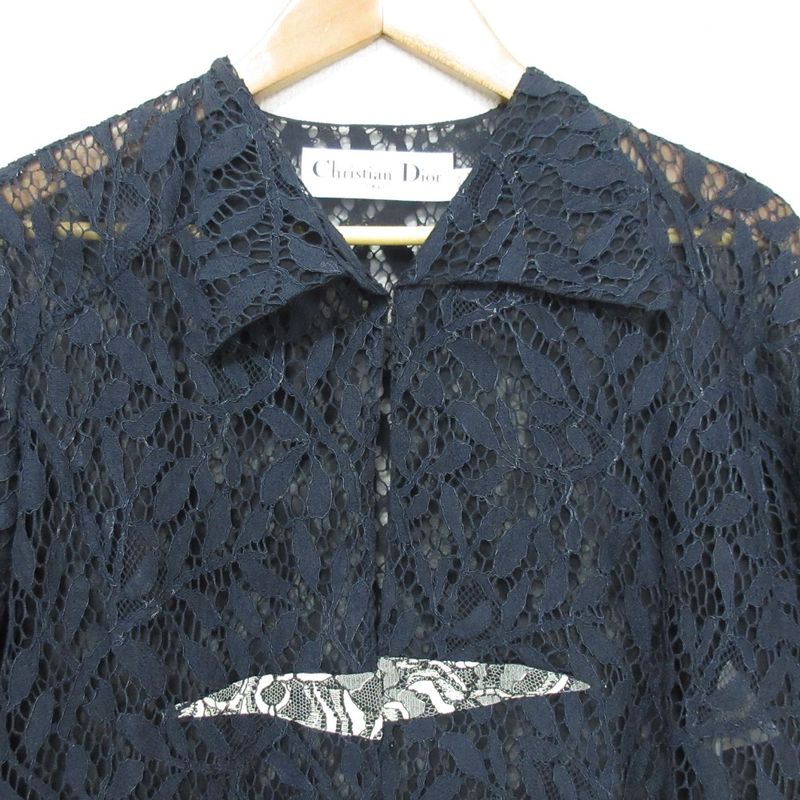 Christian DIOR Raf Simons Period Sheer All Lace Blouse Shirt Size F34 Navy