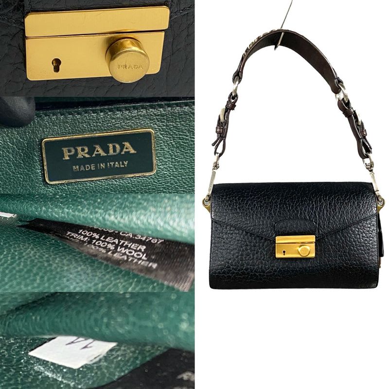 Prada Logo Hardware Leather Tweed Semi One Shoulder Bag Mini
